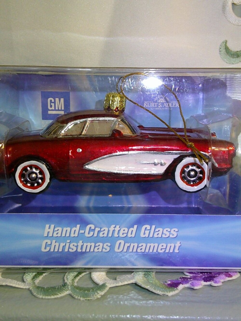 Vintage Kurt Adler GM 1957 Red Corvette Hand-crafted Glass Ornament New in Box